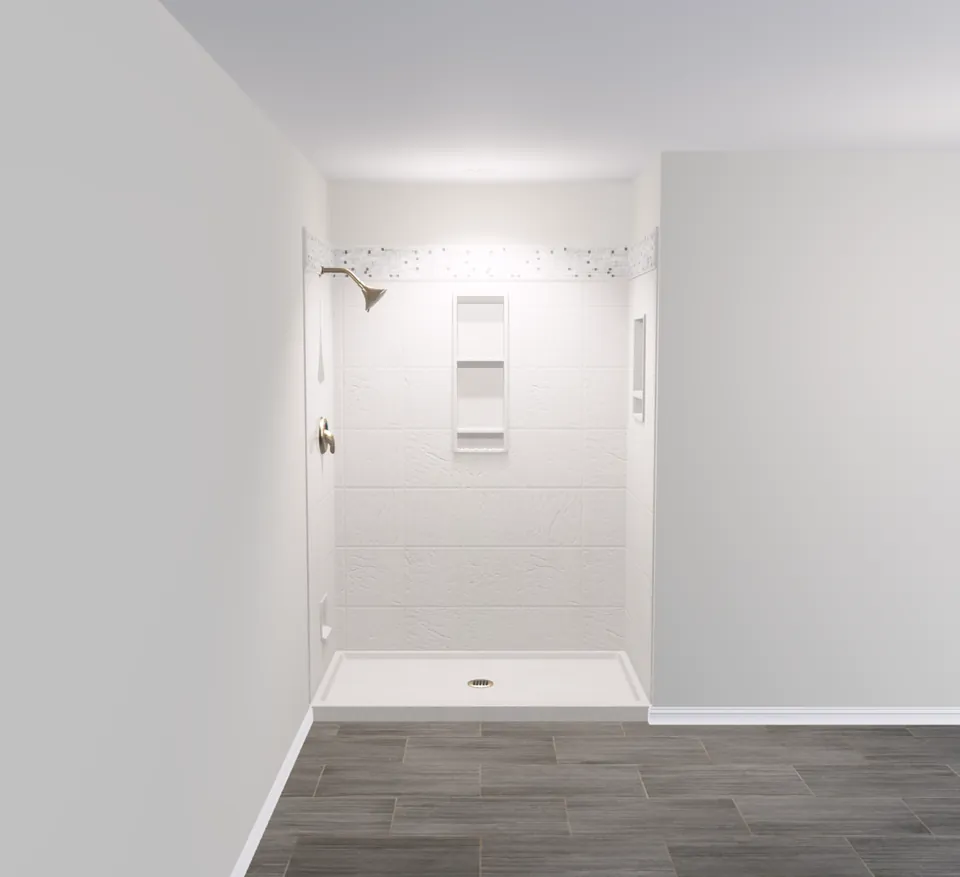 3D rendering of a walk-in shower design with white wall panels, a niche and a mosaic accent band