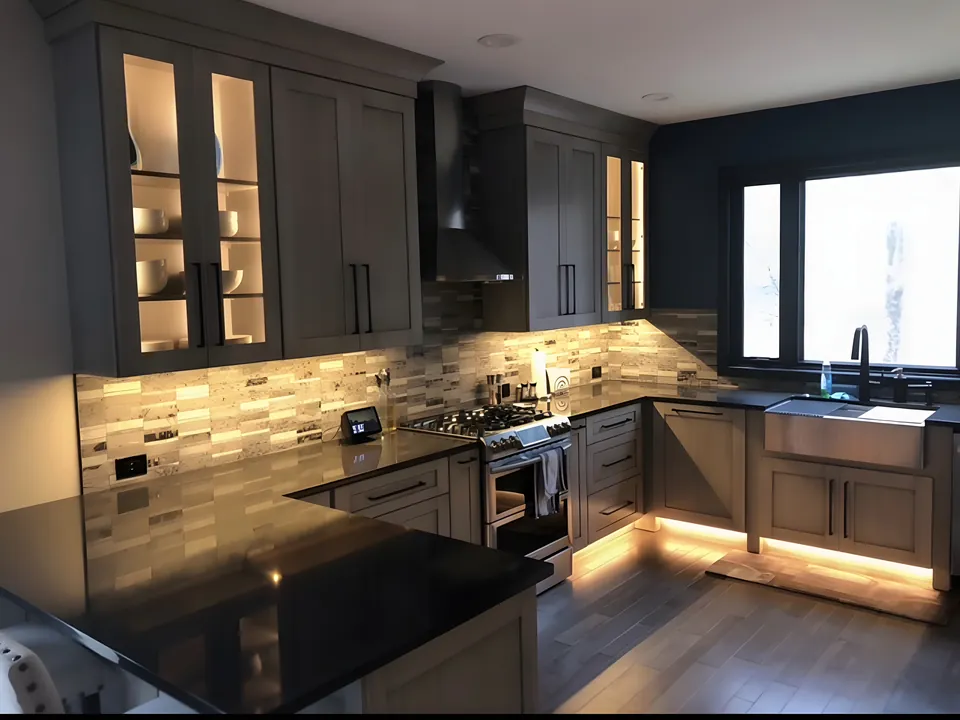 Farmhouse sink under a window, gas range and glass tile backsplash with toe-kick lighting
